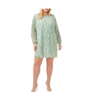 Halogen Womens size 2X Abstract‎ Print Release Pleat Long Sleeve Flowy Minidress